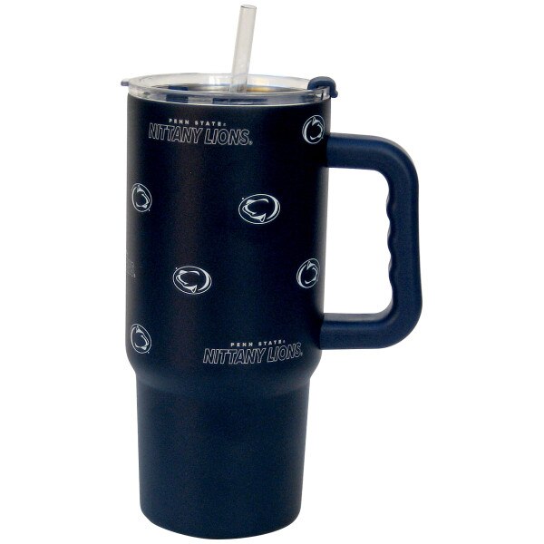 navy travel mug with repeating Penn State Nittany Lions and Athletic Logos